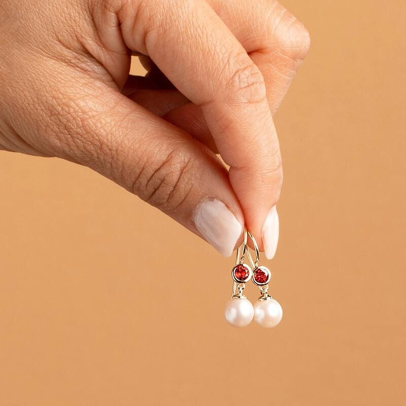 14k Yellow Gold Freshwater Pearl and Garnet Birthstone Drop Earrings