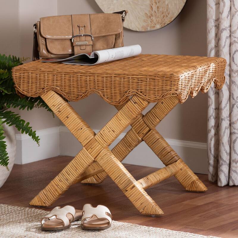 Modesta Natural Rattan Accent Bench - Handwoven Wicker Seating with Scalloped Apron and X-Frame Base, Coastal Boho Seating