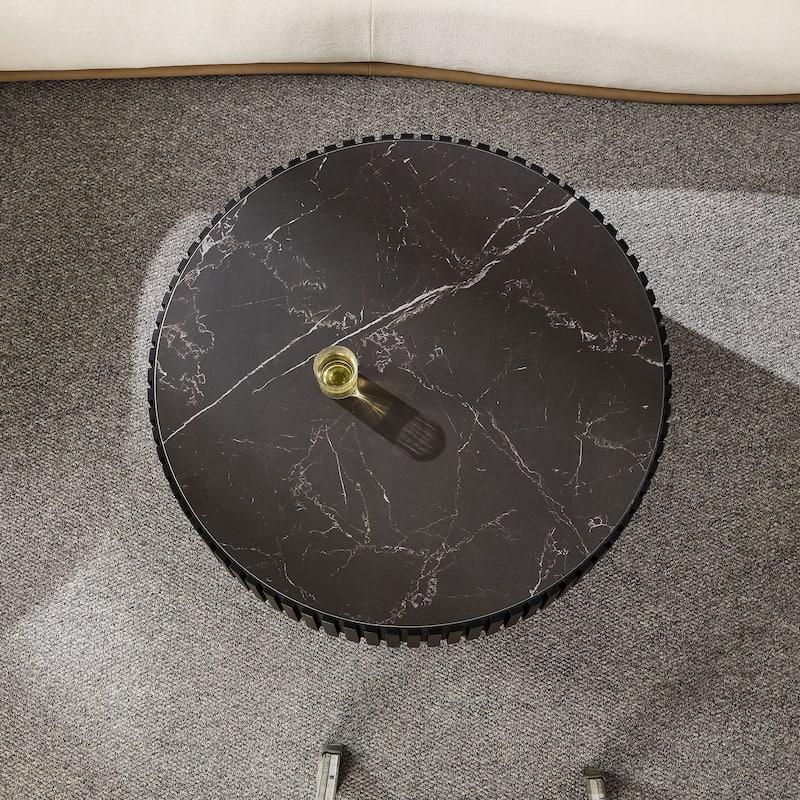 Luxury Round Coffee Table with Faux Marble Top, 35.43" Modern Low Drum Shape Cocktail Table for Living Room, Reception Room
