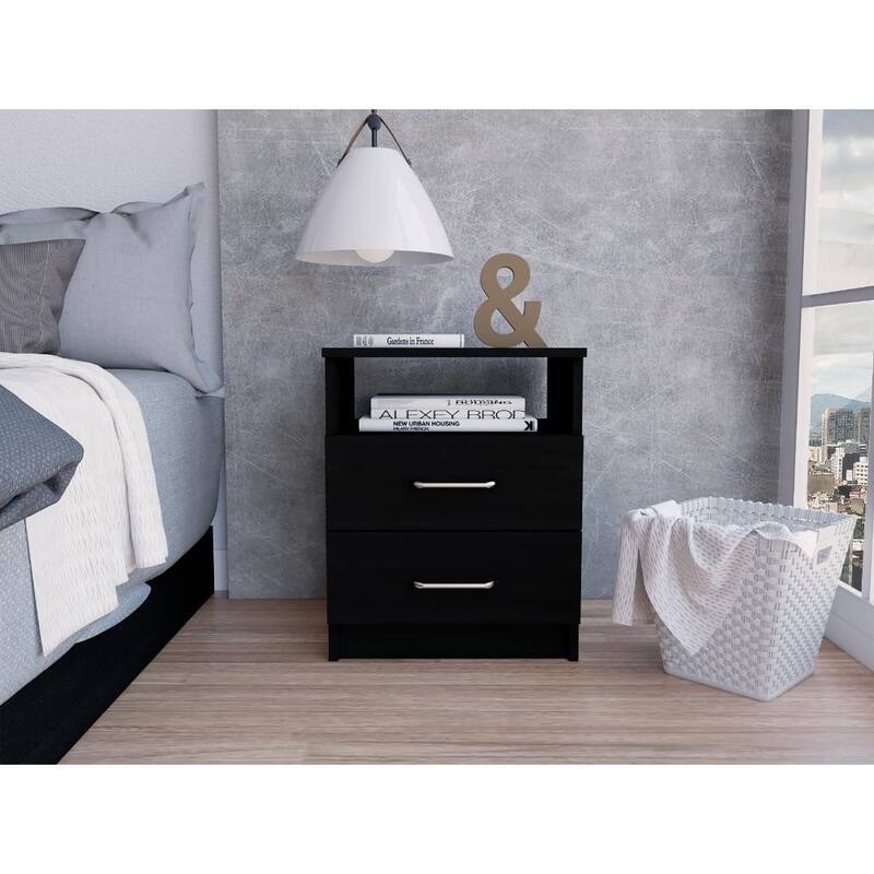 Black Nightstand with Two Drawers and One Shelf, 19.9\ - Black