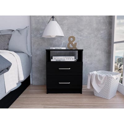 Modern Black Nightstand, 2 Drawers, and 1 Open Shelf, 12.9"x16.02"x19.9", Durable Design