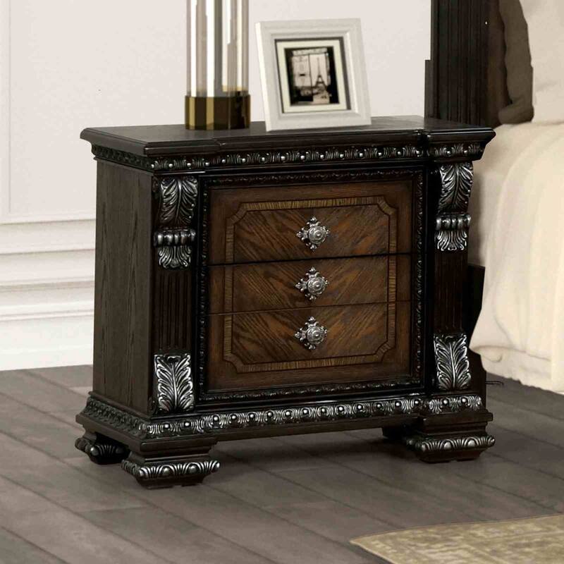 Transitional Nightstand with USB Port - Espresso Finish & Ornate Silver Brushed Molding