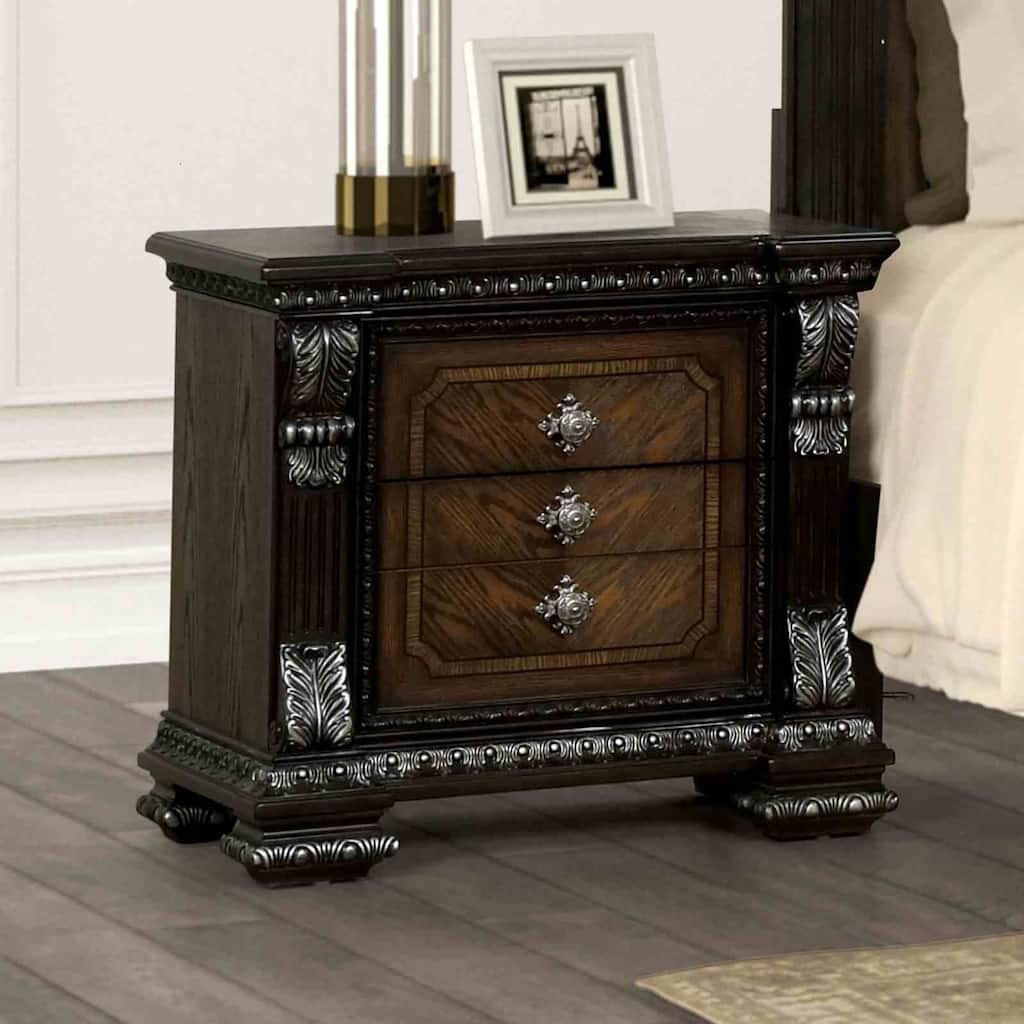Transitional Nightstand with USB Port - Espresso Finish & Ornate Silver Brushed Molding