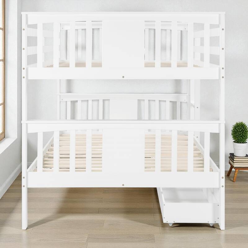 Twin Over Twin Bunk Bed with Ladder, Solid Wood Low Bunk Bed Frame with Guardrails, Space-Saving Design for Kids Bedroom