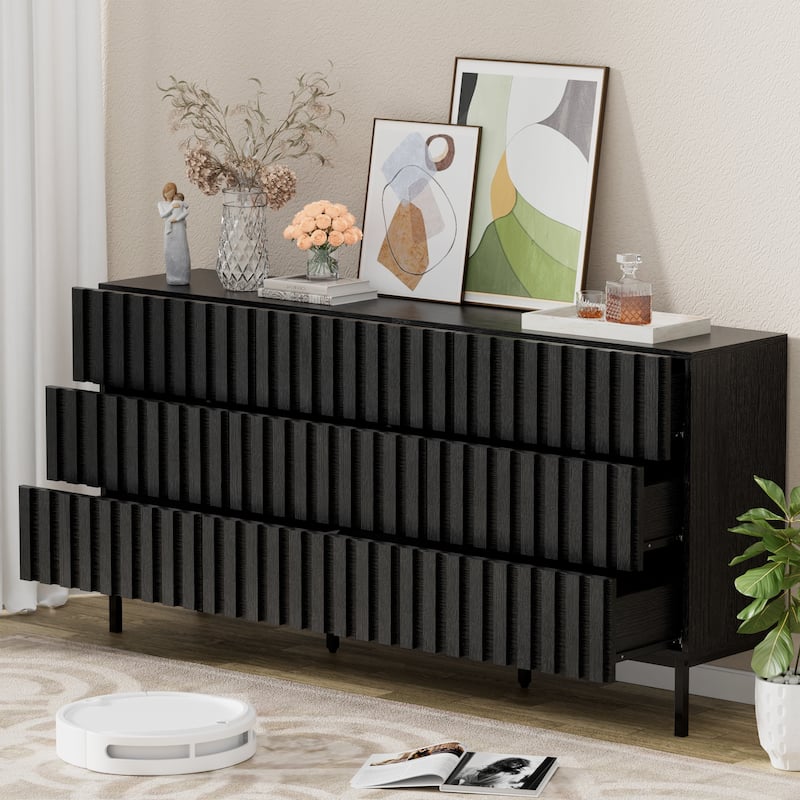 59" W 9-Drawer Storage Cabinet Mid-Century Dresser - Black