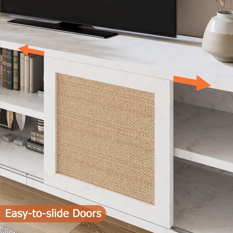 Ail TV Stand for 65 Inch TV Stand White Entertainment Center Modern TV Console Table Rattan Doors with Storage