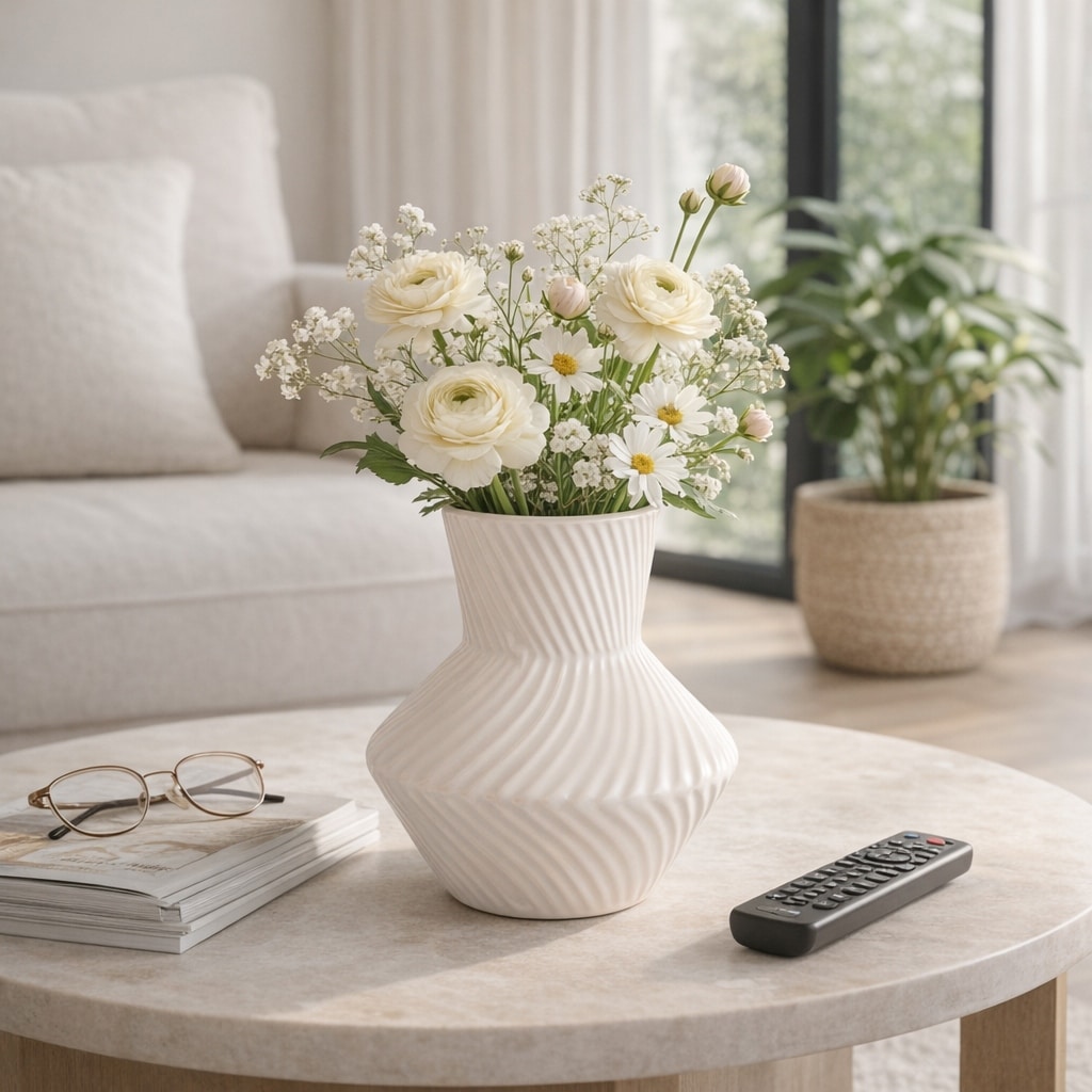 Decorative Vase - White Ceramic Ribbed Hourglass Shape, 8 in