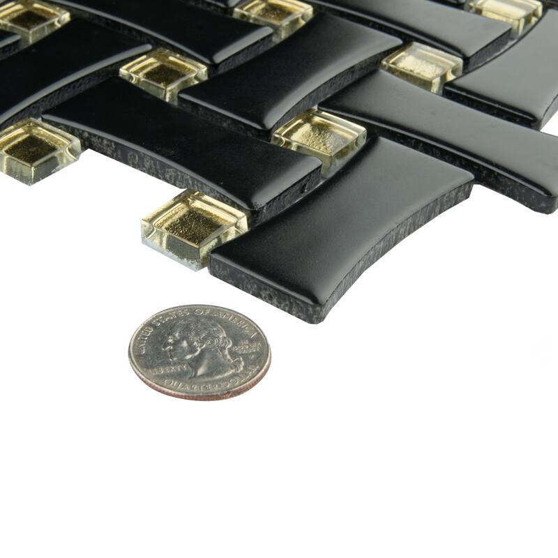 Merola Tile Metro Dog Bone Basketweave Matte Black with Glass Gold Dot 10" x 10" Porcelain Mosaic Wall Tile
