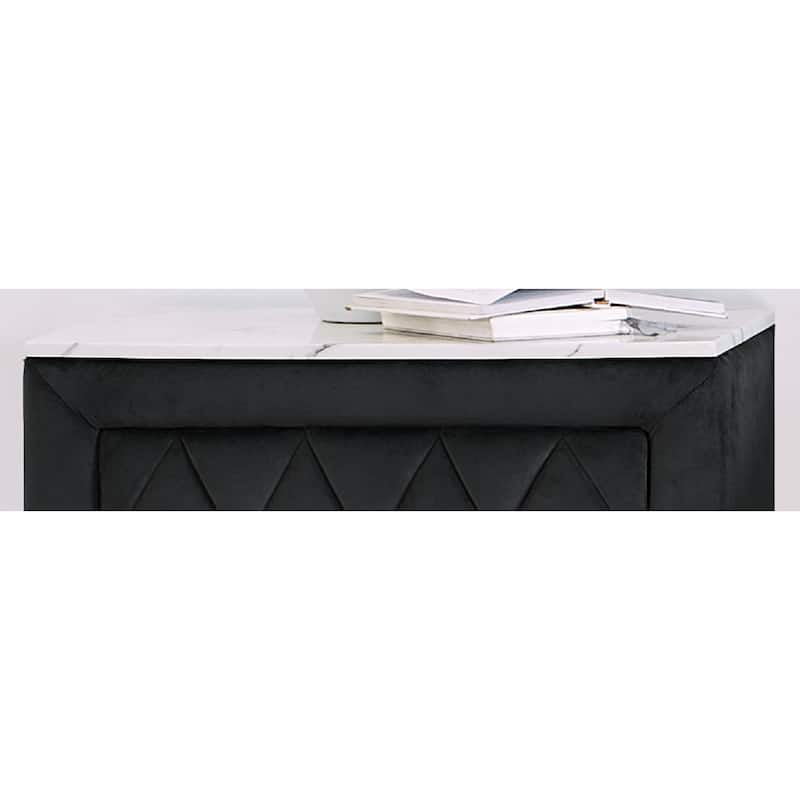 1pc Faux Marble Top Nightstand 2- Drawers Storage Button Tufted Faux Crystal Tufted