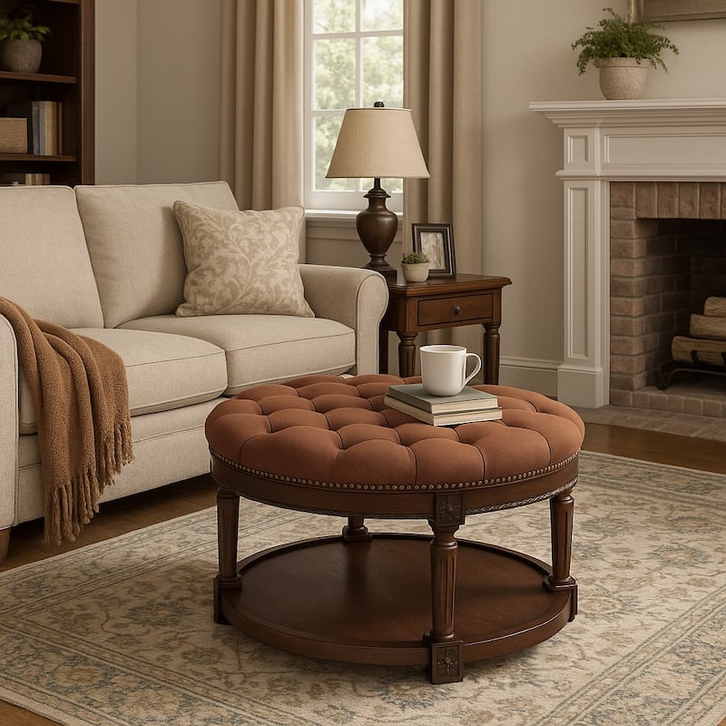 Maven Lane Mesa Round Upholstered Coffee Table - Aged Brown - 19' x 32' x 32'