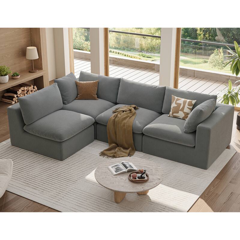 135inch Oversized LoveSofa,L Shape Sofa,4 Seater Upholstered with Corduroy Fabric Couches with 2 Pillows - Grey