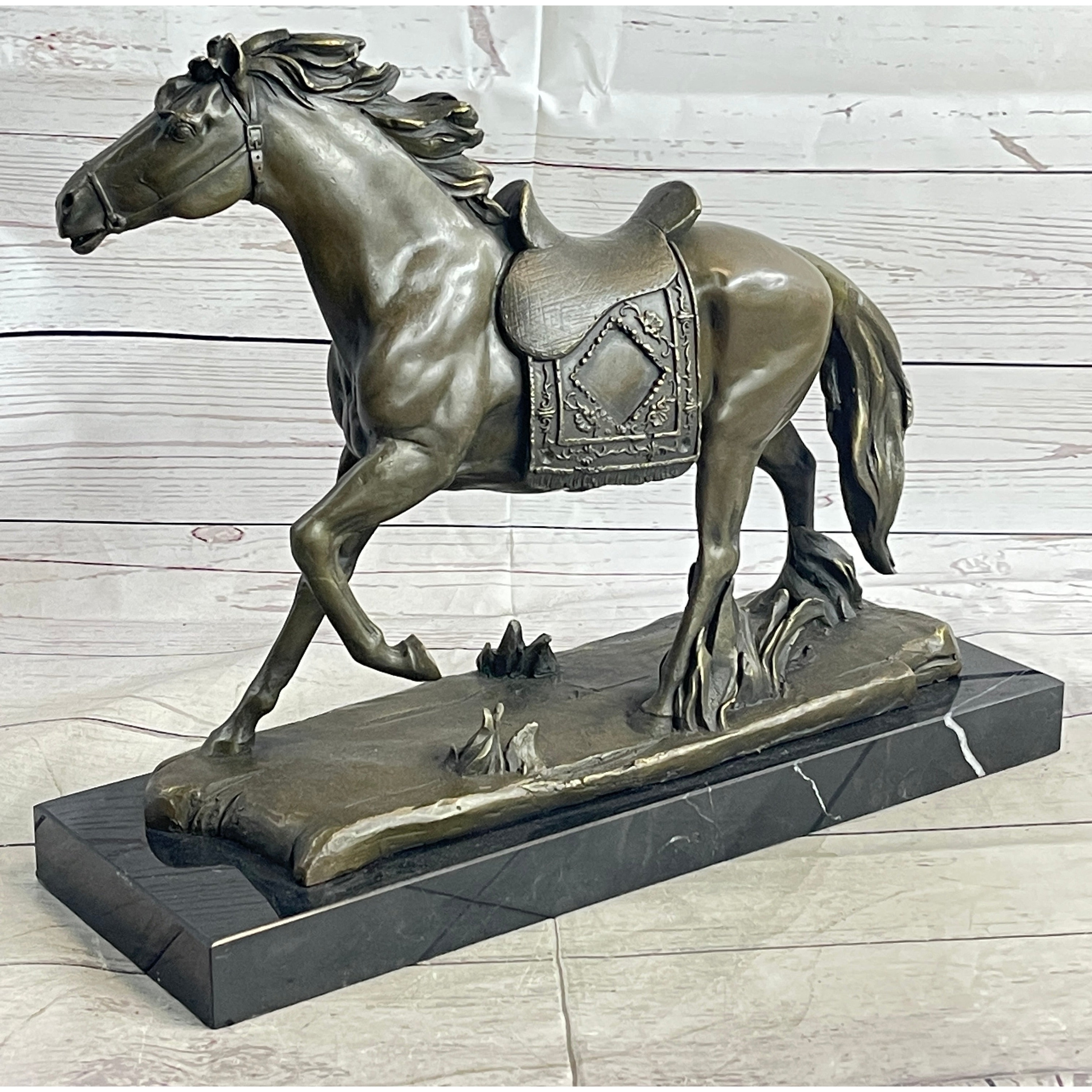 Saddled War Horse Working Equestrian Bronze Statue Sculpture After Pj Mene