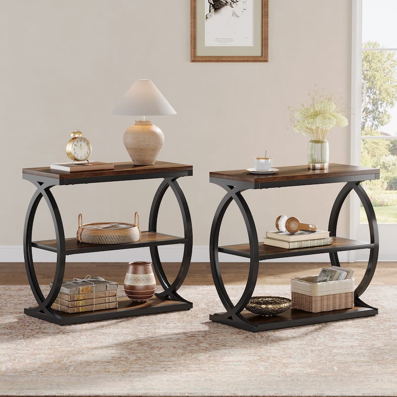 Narrow End Table with 3 Storage Shelves, Small Side Table for Living Room, Small Spaces, Rustic Brown - 2Pack-Rustic Brown