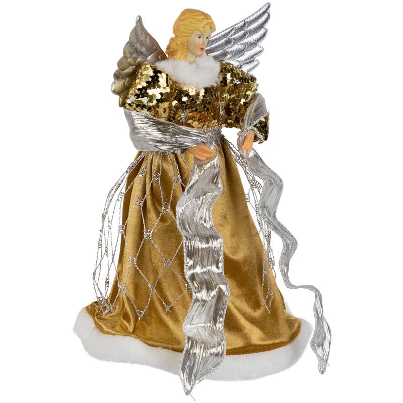 12" Metallic Bronze Silver Sequined Angel Christmas Tree Topper, Unlit