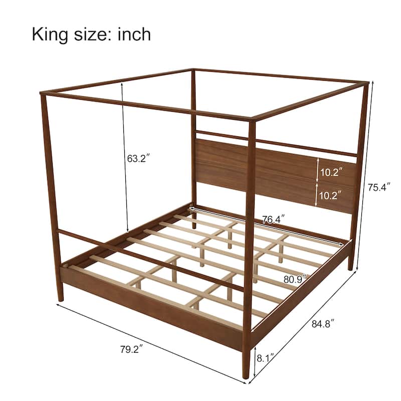 Walnut Wooden Canopy Bed Frame Panel Wingback Bed Four Posters Bed with Complete Roller Track on The Top No Box Spring Needed