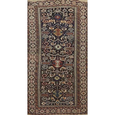 Hand Knotted Oriental 100% Wool Carpet Traditional Tribal Navy Blue & Blues Kazak Runner Rug - 8' 11'' X 4' 5''