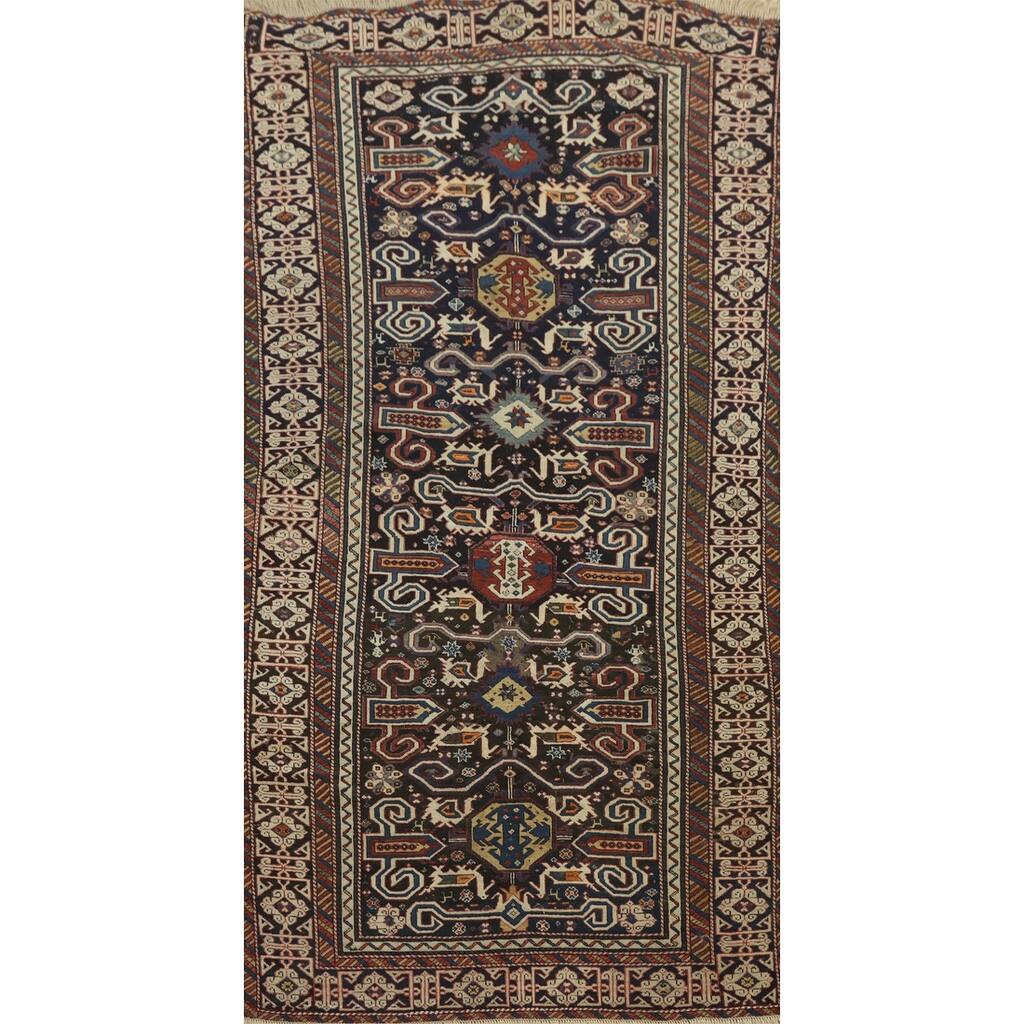 Hand Knotted Oriental 100% Wool Carpet Traditional Tribal Navy Blue & Blues Kazak Runner Rug - 8' 11'' X 4' 5''