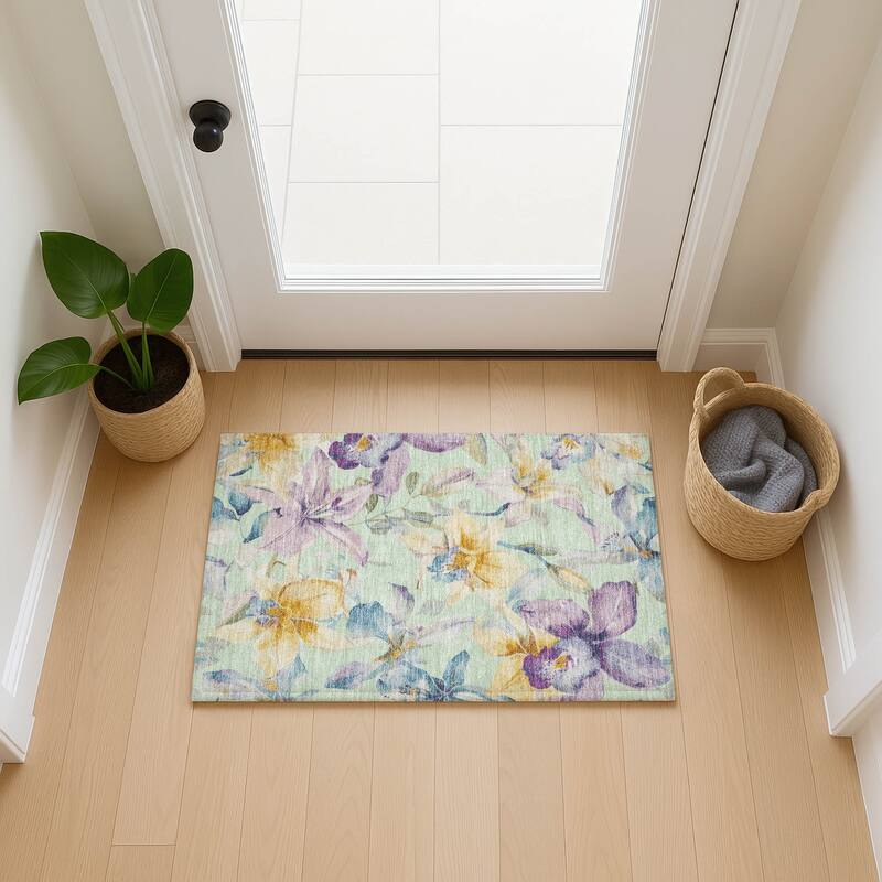 Machine Washable Indoor/ Outdoor Modern Floral Chantille Rug