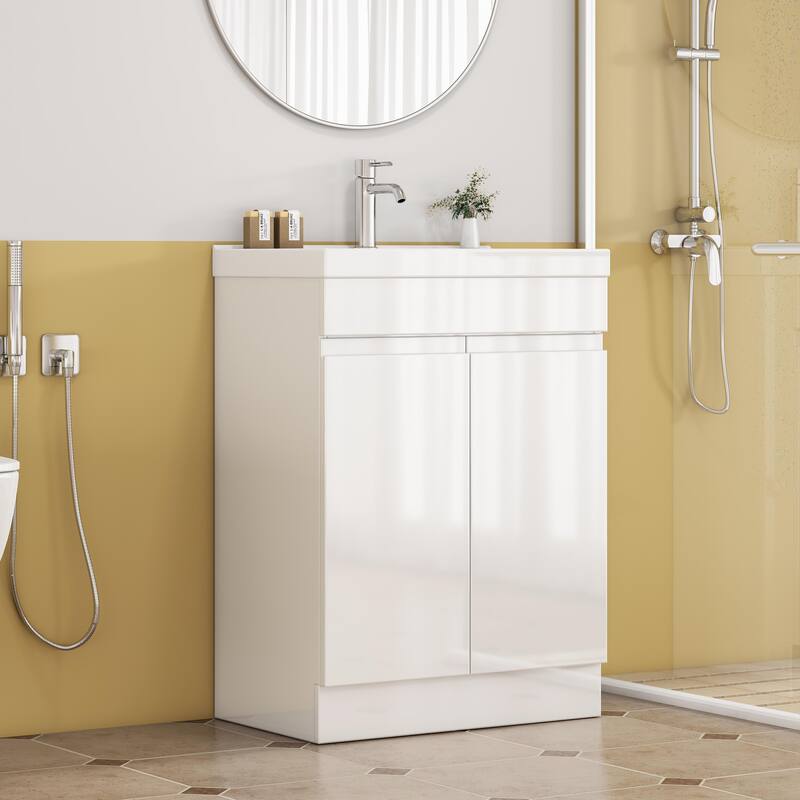 Modern Bathroom Vanity 24 Inch, All-in-One with Sink, Mirror & Handle-Free Storage, Soft-Close and Easy Assembly