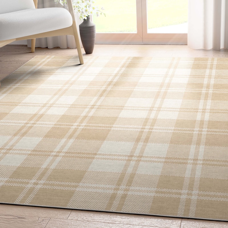 Well Woven Apollo Plaid Farmhouse Geometric FlatWeave Rug - 7' 7" x 9' 10" - Beige Brown