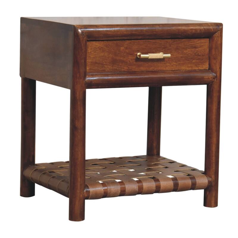 HomeRoots 20" Chestnut Solid Wood One Drawer Nightstand With Leather Shelf