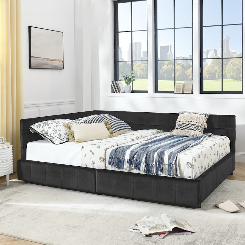 Full Size Daybed Grounded Bed Velvet Upholstered Tufted Bed Frame with L-shaped Backrest & Armrests for Livingroom or Bedroom