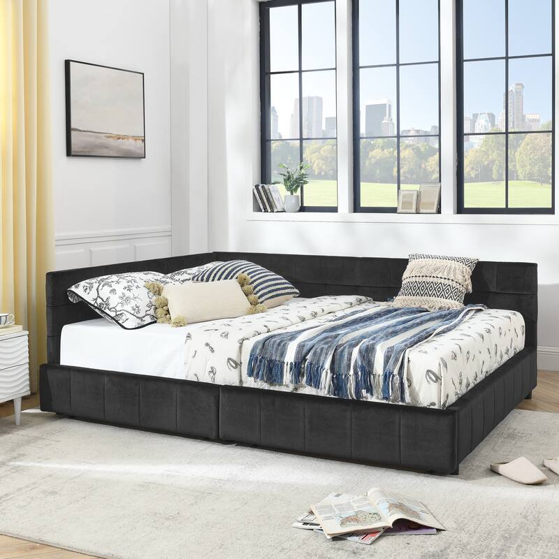 L-shaped Velvet Upholstered Daybed Tufted Sofa Bed with Soft Backrest Armrests - and Optional Corner Storage Day Bed