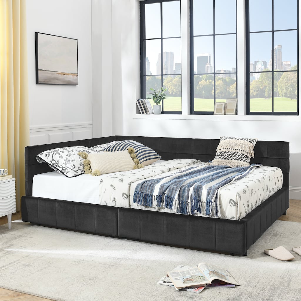 Queen Size Bed Upholstered Tufted Bed Frame Storage Sofa Bed Frame with L-shape Guardrail Velvet Platform Bed for Living Room