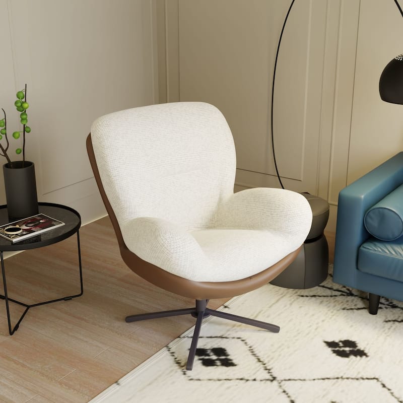Chenille & Faux Leather Swivel Accent Chair,Comfy 360°Swiveling Lounge Chair with Black Metal Base