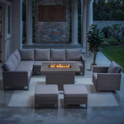 Outdoor Sofa Chair Furniture with Fire Pit Table - Grey cushion - Brown