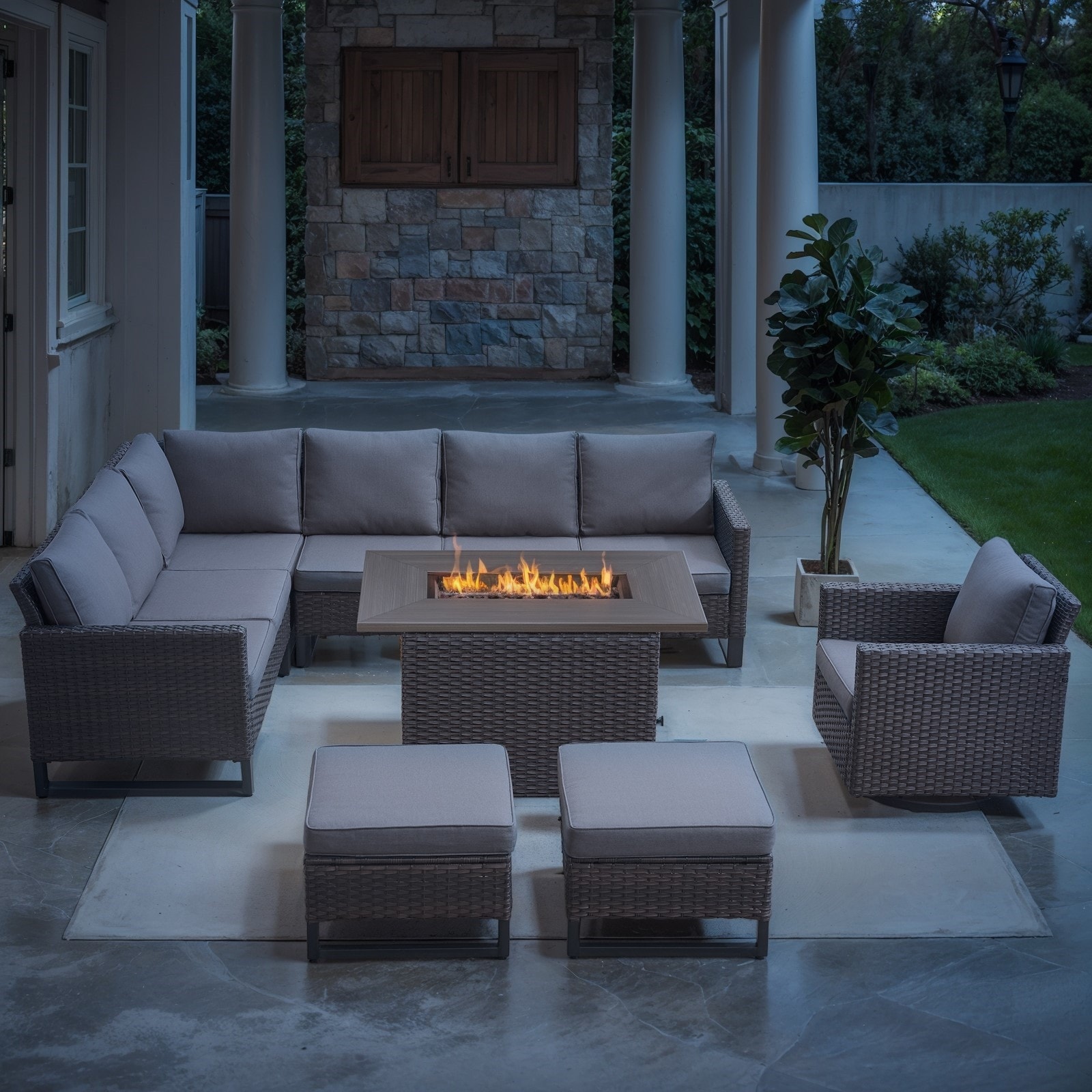 Outdoor Sofa Chair Furniture with Fire Pit Table - Grey cushion - Brown