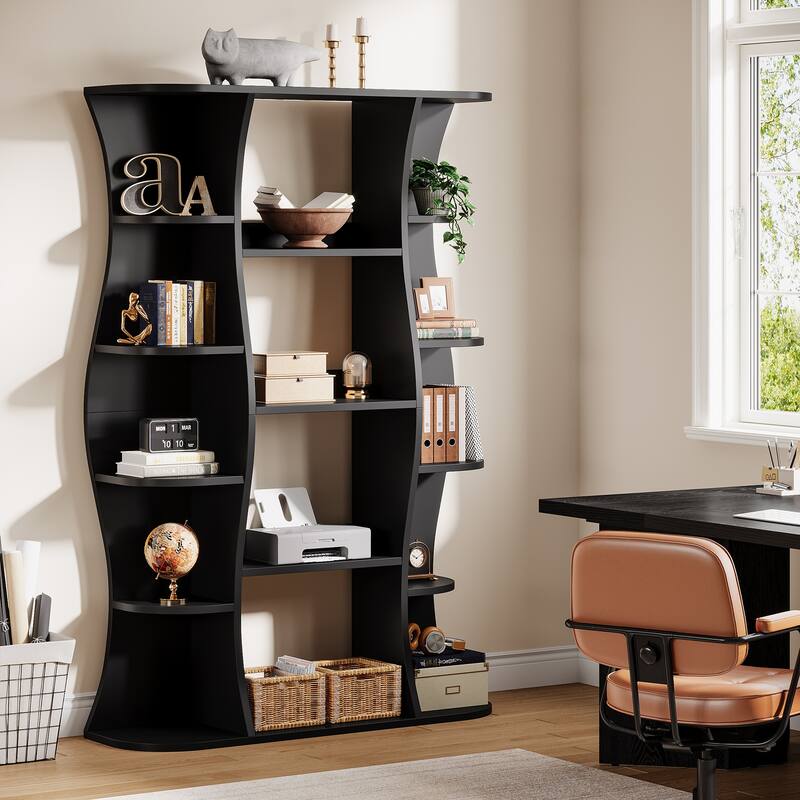 70.87" Black Tall Bookcase, 5-Tier Open Bookshelf with Storage