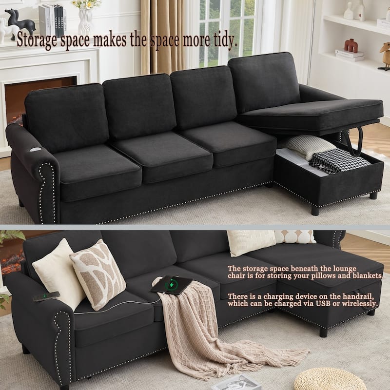 106.5" L-Shaped Flannelette Sectional Sofa with Pull-Out Bed