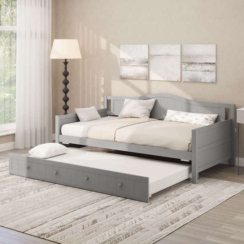 Costway Twin Size Daybed with Trundle Solid Wood Sofa Bed with Slats