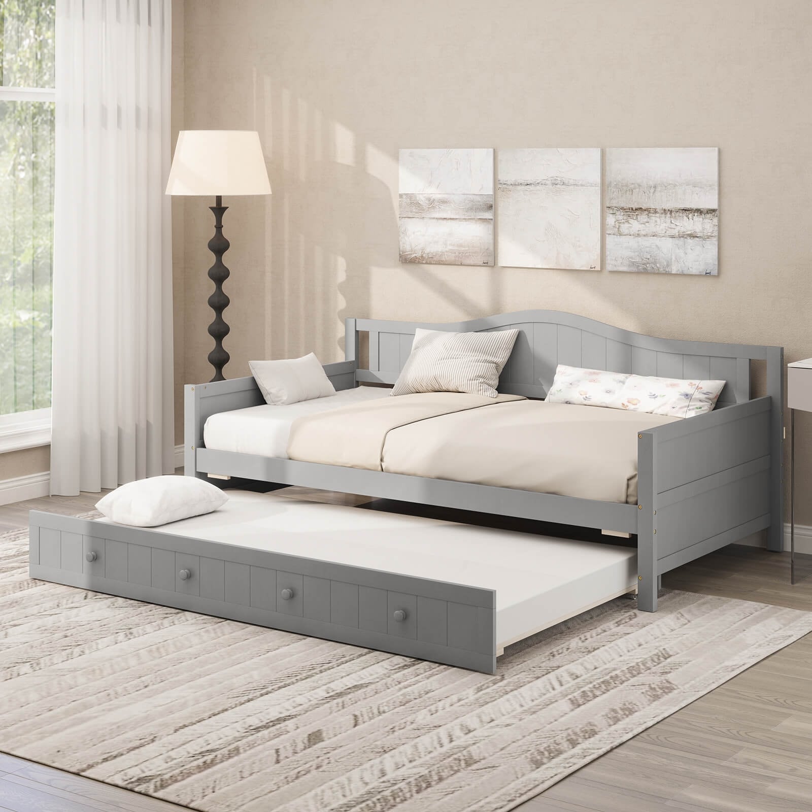 Costway Twin Size Daybed with Trundle Solid Wood Sofa Bed with Slats