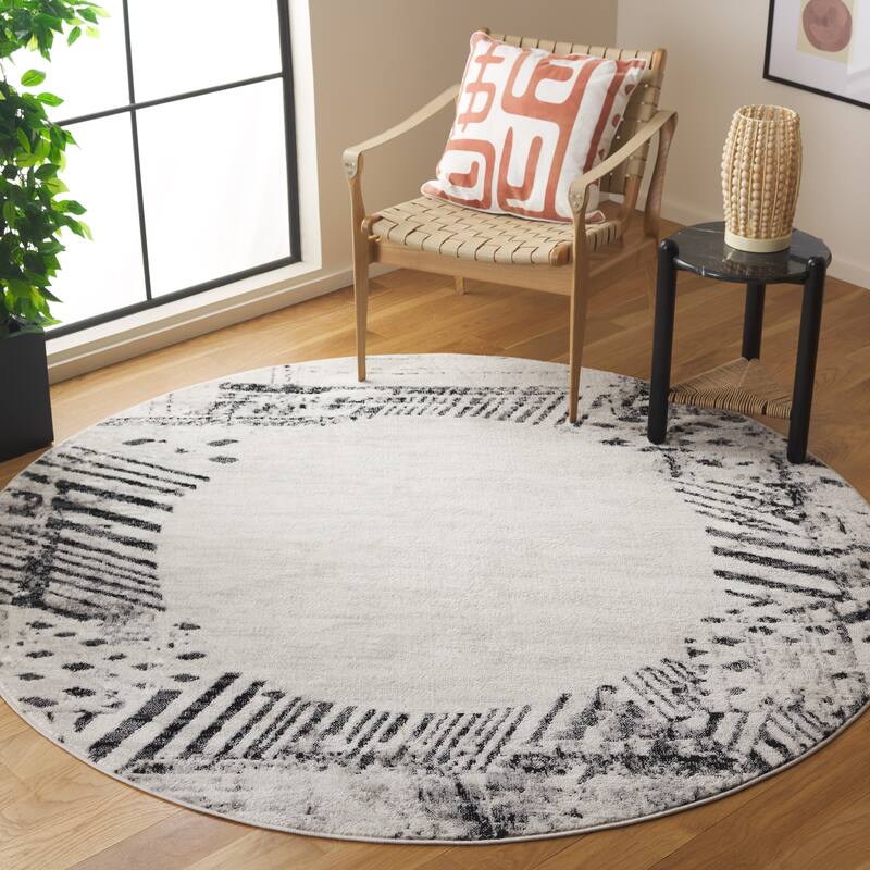 SAFAVIEH Skyler Otelia Modern Abstract Border Rug - 6'7" Round - Ivory Grey/Black