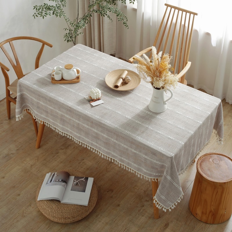 Enova Home High Quality Rectangle Cotton Linen Washable Tablecloth Stripe with Tassel for Home Party Wedding Dining Table