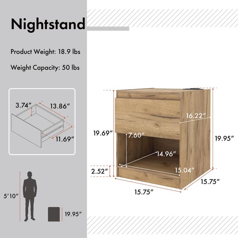 DH BASIC Rustic Light Oak 1-Drawer Nightstand with Charge Stand and Open Shelf by Denhour