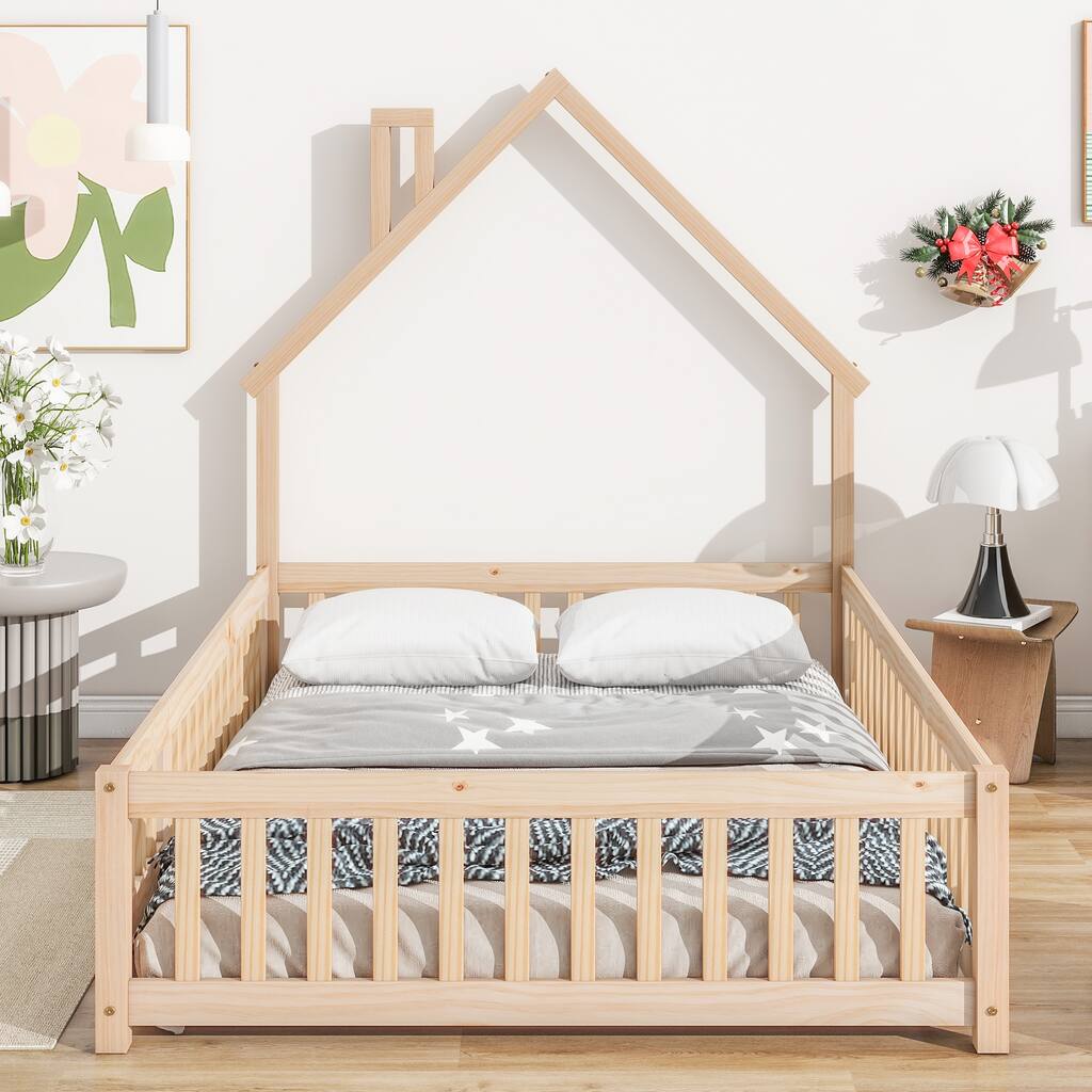Full Size Montessori Floor Bed with House-Shaped Headboard & Fence
