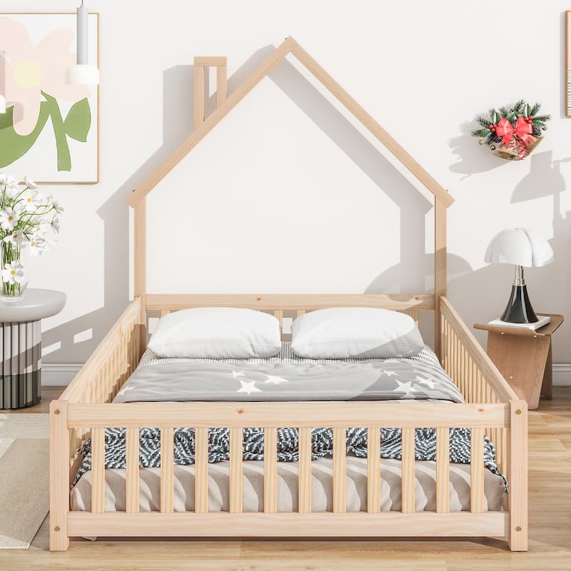 Full Size Pine House-Shaped Headboard Floor Bed with Fence