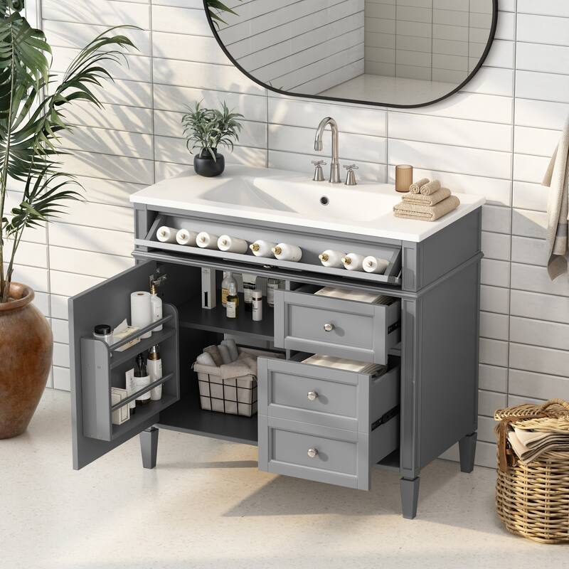 Modern Storage Cabinet Bathroom Vanity with Resin Sink, Tip-out Drawer, 2 Drawers, Side Door Organizer and Adjustable Shelf