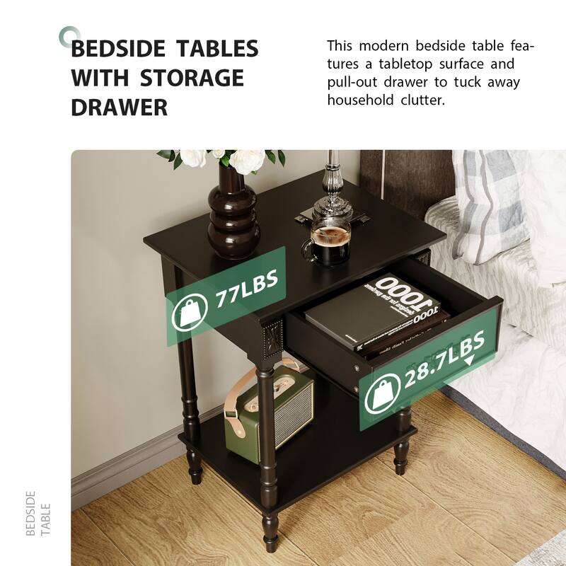 Vintage End Table with Drawer and Shelf, French Style Nightstand with Solid Wood Legs, White Accent Table