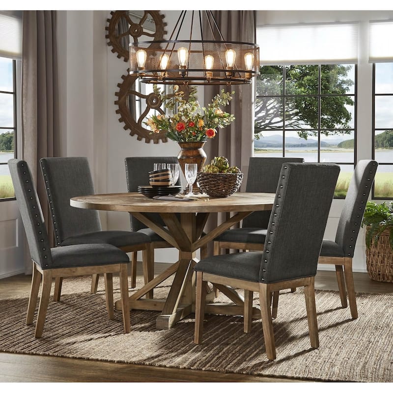 Benchwright Rustic X-Base Round Pine Wood Dining Set with Nail Head Chairs by iNSPIRE Q Artisan - 7-Piece Set - Dark Grey