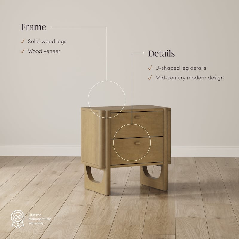 Solace Mid Century Modern 2-Drawer Nightstand with Solid Wood Frame and Rounded Details