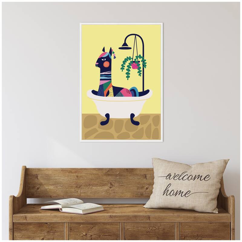 Kate and Laurel Sylvie Modern Yellow Llama in Bathtub Framed Canvas by Rachel Lee