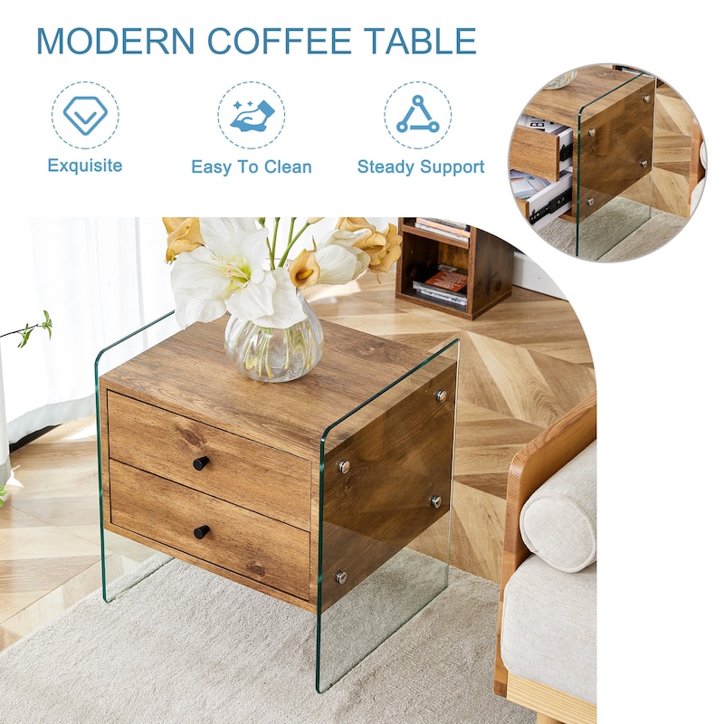 Double-Drawer Bedside Table:The Board Surface Is Mdf With White Grain Sticker,And Both Sides Are Transparent Tempered Glass
