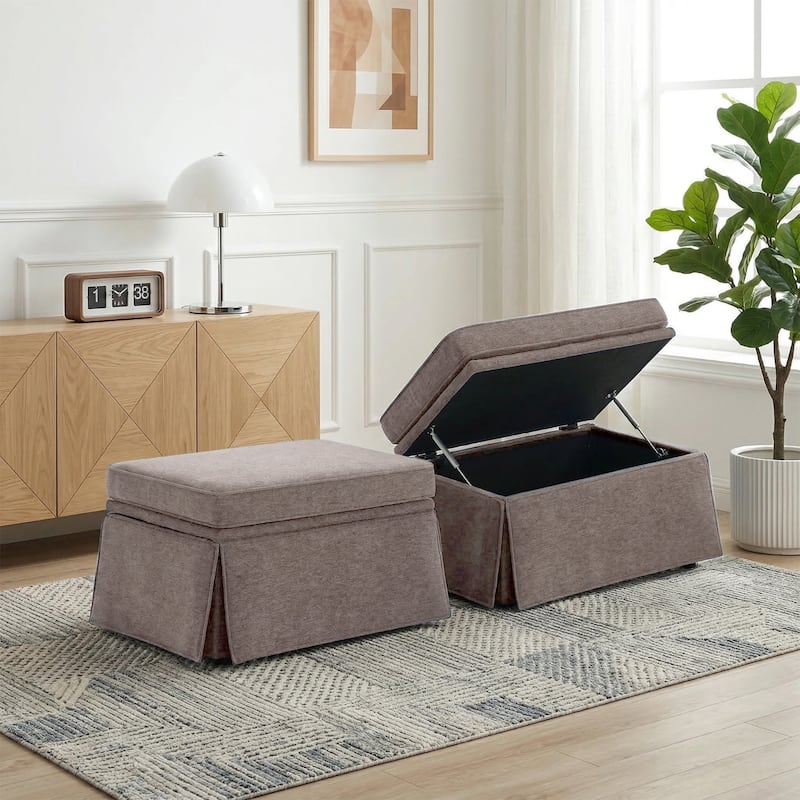 2 Set Rectangle Chenille Upholstered Storage Ottoman - Light Brown