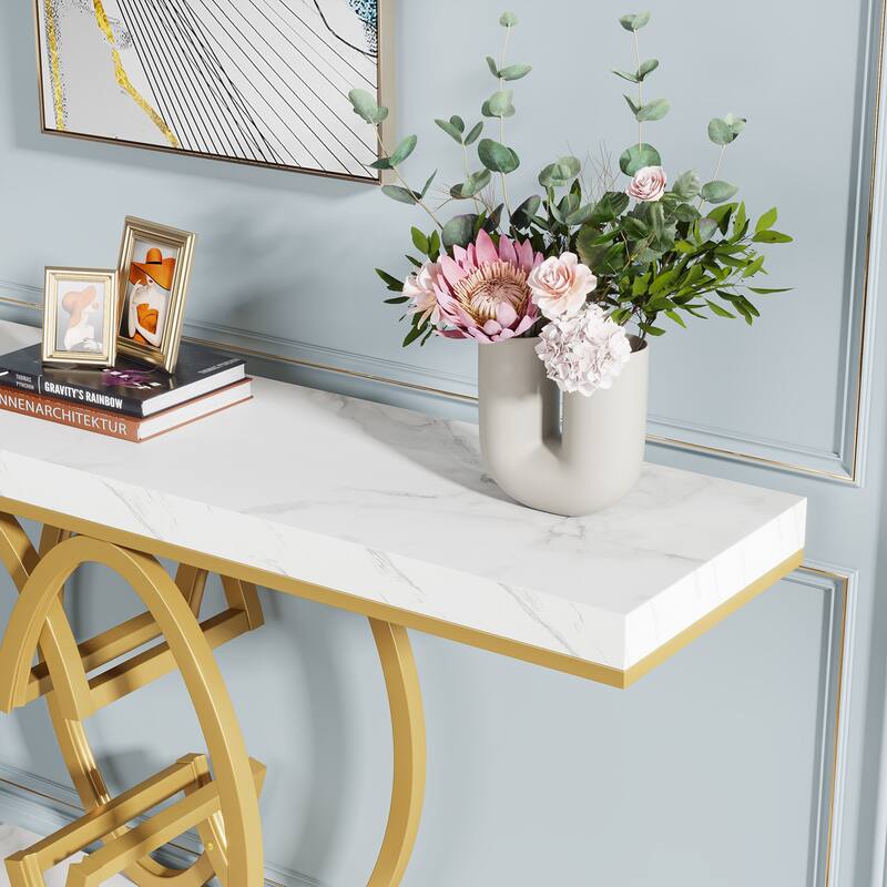 55 INCH White Console Table Modern Accent Table For Entryway with Geometric Base