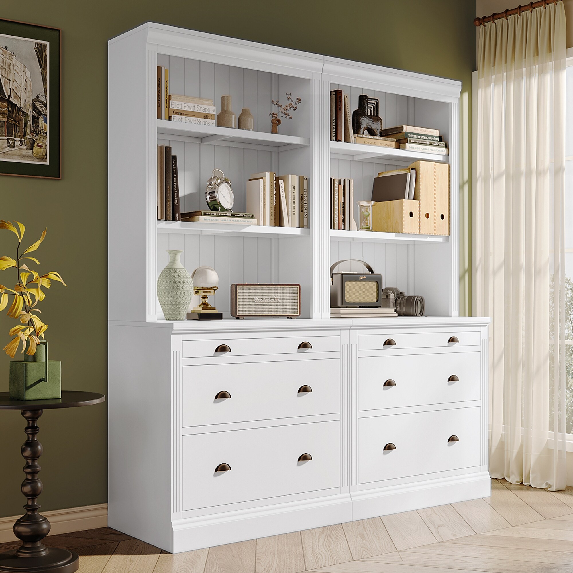 2 Piece Set Tall Bookshelf Bookcase with LED Lighting Drawers and Shelves