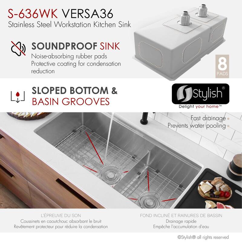 Stylish Versa36 Undermount 36" Double-Bowl Workstation Kitchen Sink - 36"x19"x10"